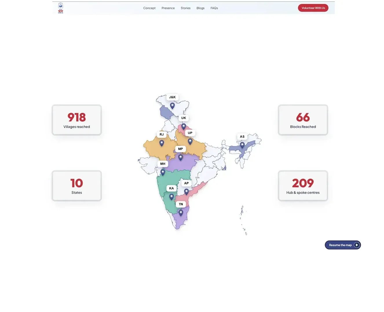 The interactive India map became the foundation of the Smartpur platform. Instead of presenting the programme’s locations through a long list, MoonDive created a visual experience that shows the states and centres where Smartpur is active. Visitors can begin with the national view, select a state, and explore the work taking place in that region. The map is connected with structured location data, allowing states and centre information to be managed through the admin platform. As Smartpur expands, new locations can be added without redesigning the entire experience. By combining navigation with data visualization, the map helps visitors understand the scale of the programme while giving them a clear starting point for exploring its centres, activities, and impact across India.