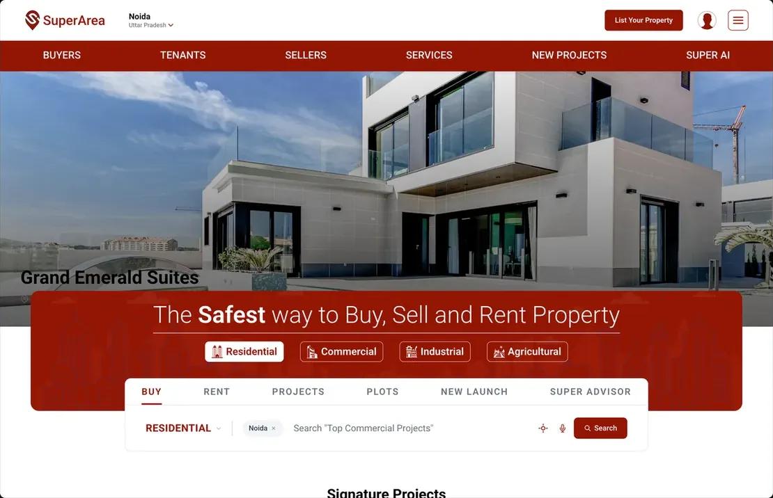 SuperArea home page with a featured project and property search