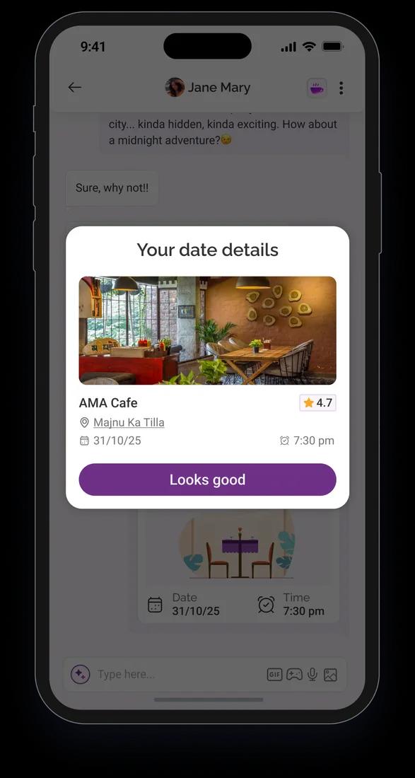Flint date details card for a café meetup