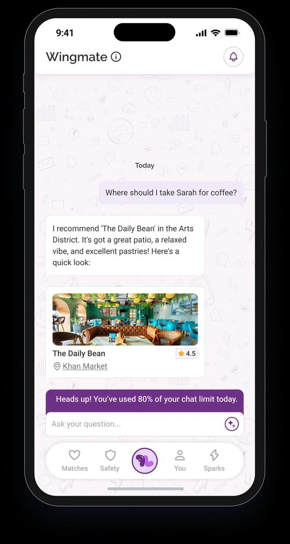 Flint Wingmate AI chat suggesting a café