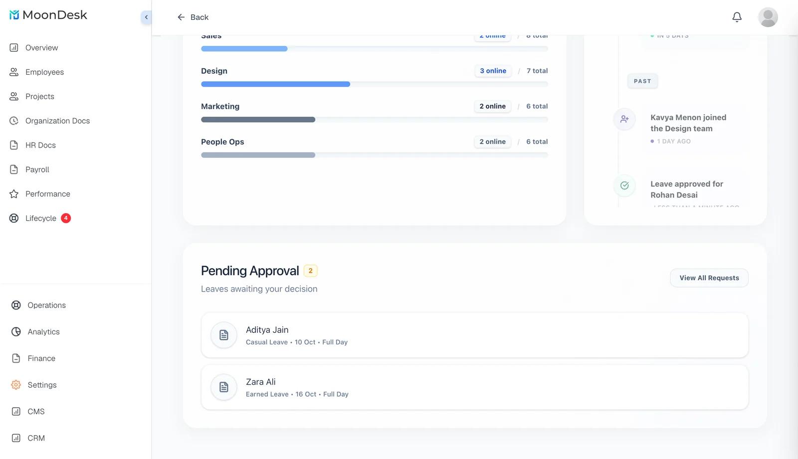MoonDesk leave requests awaiting approval