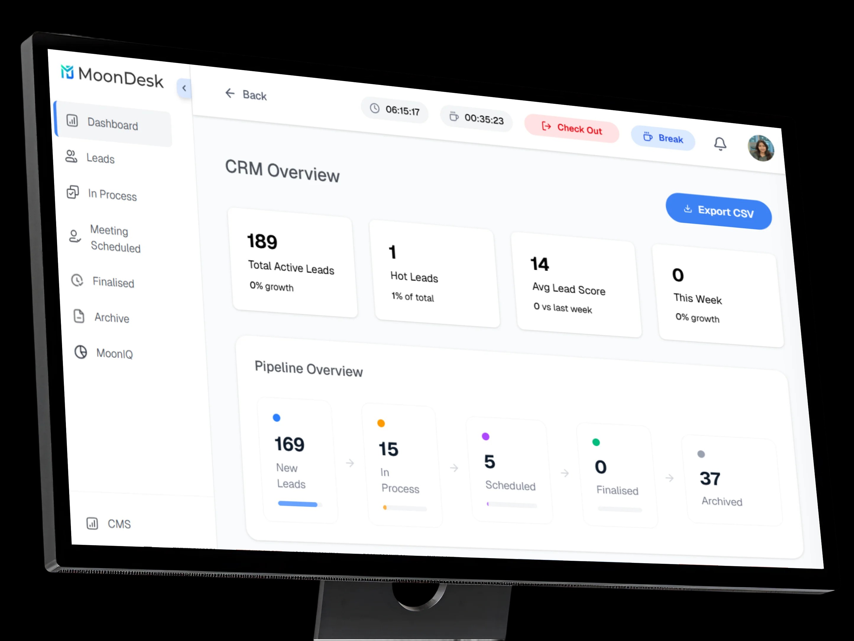 MoonDesk CRM dashboard displayed on a laptop screen, featuring a left-side navigation menu with options like Dashboard, Leads, In Process, Meeting Scheduled, Finalised, Archive, MoonIQ, CMS, and HRMS. The main dashboard shows a Lead Sources bar chart comparing Direct, Schedule Meeting, Chatbot, and SDR Leads, along with a Sales Team Performance section displaying individual team performance metrics.