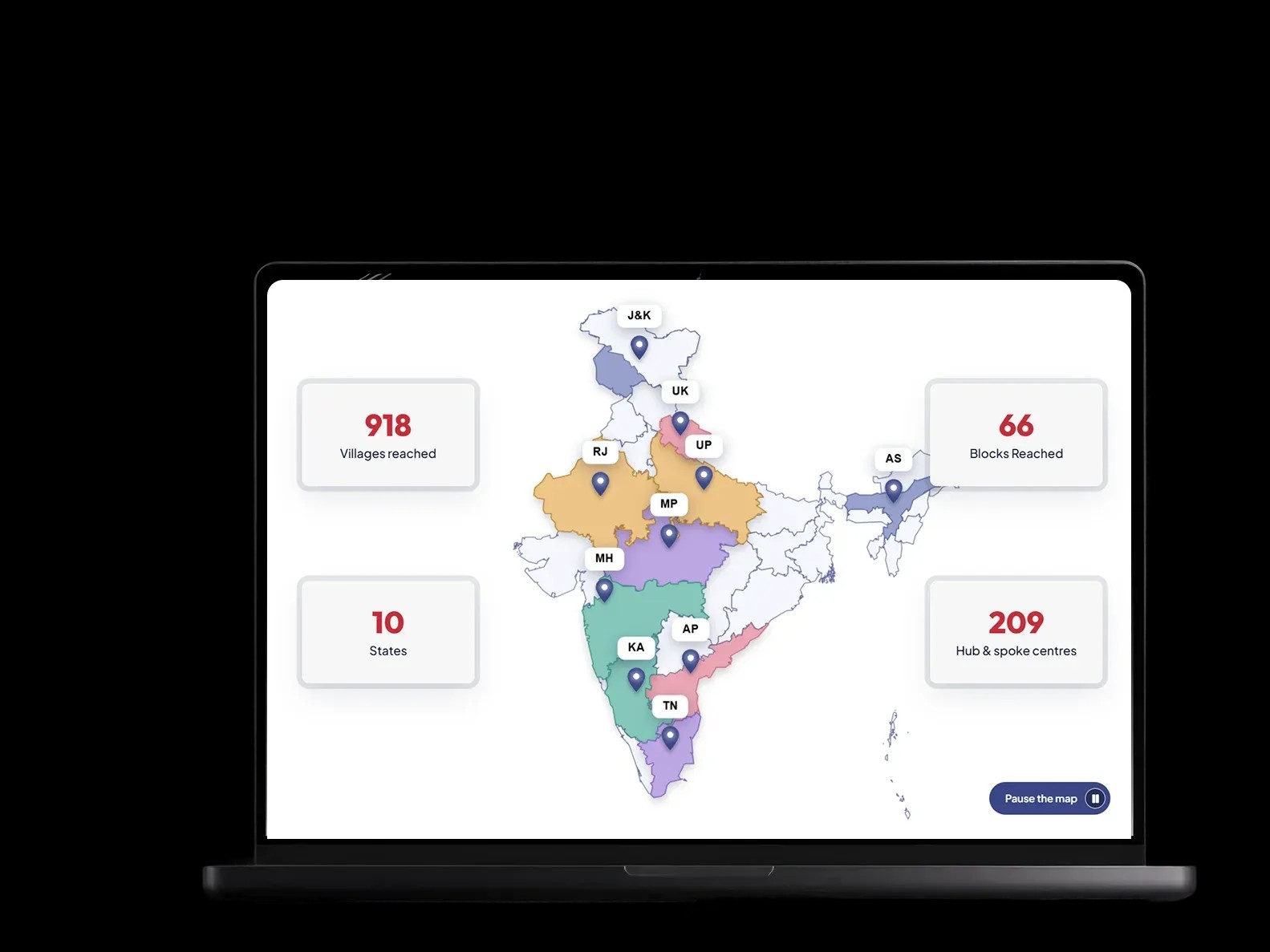 Smartpur operates across hundreds of villages and centres, so displaying every location on a single map required more than adding basic location markers.
We built an interactive India map that organizes centre data by state, district, and location. Visitors can begin with a national view, select a state, and explore the centres operating there. The map loads location data dynamically, helping it remain responsive even as more centres are added.
This made the map both a visual representation of Smartpur’s reach and a practical navigation tool.